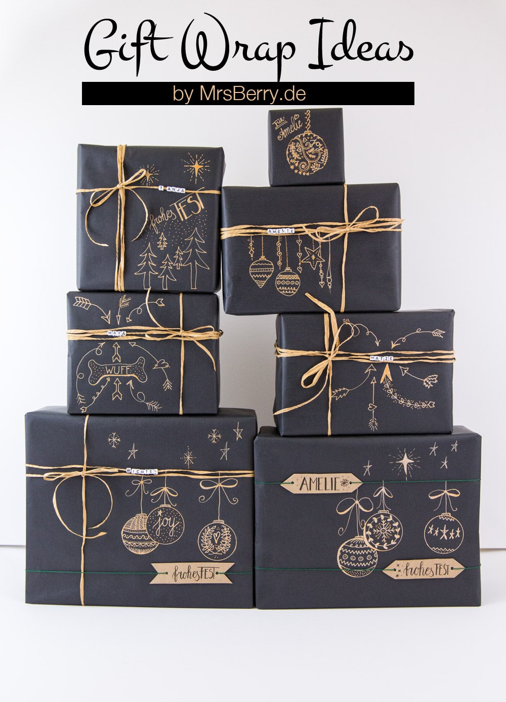 DIY: Geschenke schön verpacken für Weihnachten - mit schwarzem Kraftpapier, Gelschreiber und Buchstabenwürfel