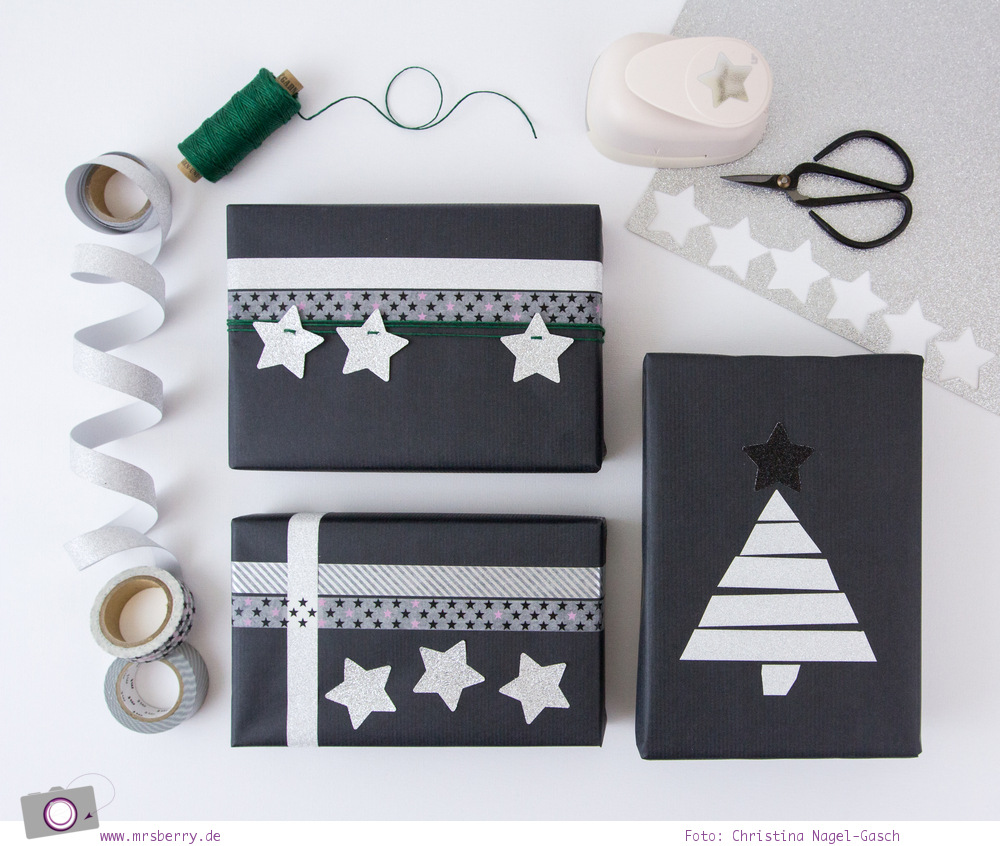 DIY: Geschenke schön verpacken für Weihnachten - mit schwarzem Kraftpapier, Masking Tape und Glitzer-Strenchen