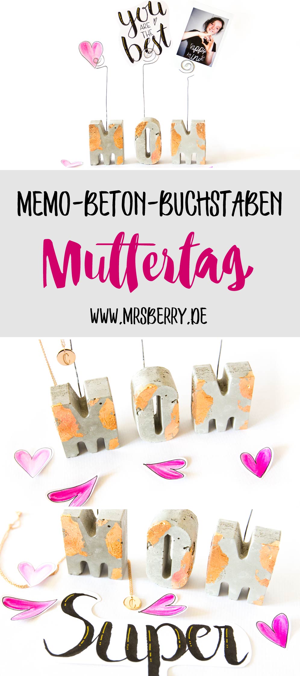 DIY Memohalter-Buchstaben aus Beton zum Muttertag basteln + Hand Lettering Botschaft für Mama