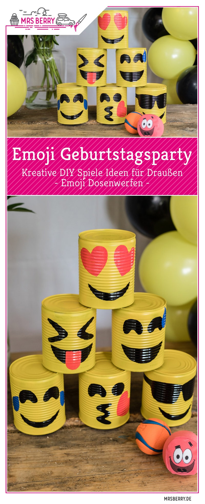 Emoji DIY Geburtstagsparty Ideen für Outdoor Spiele zum selber machen - Emoji Dosenwerfen für Kindergeburtstag