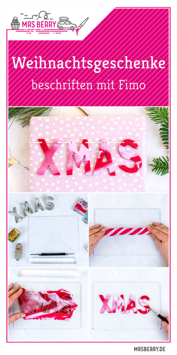 Geschenke verpacken - Weihnachtsgeschenke beschriften mit Fimo. Diese tolle DIY Geschenkidee verwandelt deine Geschenke im Handumdrehen in wunderschöne Unikate. Dieses DIY eignet sich perfekt zum Basteln mit Kindern an Weihnachten: die Schritt für Schritt Anleitung findest du auf dem MrsBerry.de Blog