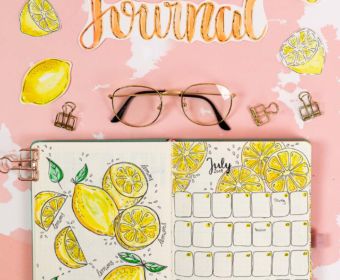 Bullet Journal Inspiration: Monatsthema Zitronen. Bujo Ideen mit Monatsdeckblatt, Monatsübersicht, Wochenübersicht, Meal Log und Mood Tracker. Diese und mehr Bujo Ideen findest du auf dem MrsBerry.de Kreativblog.
