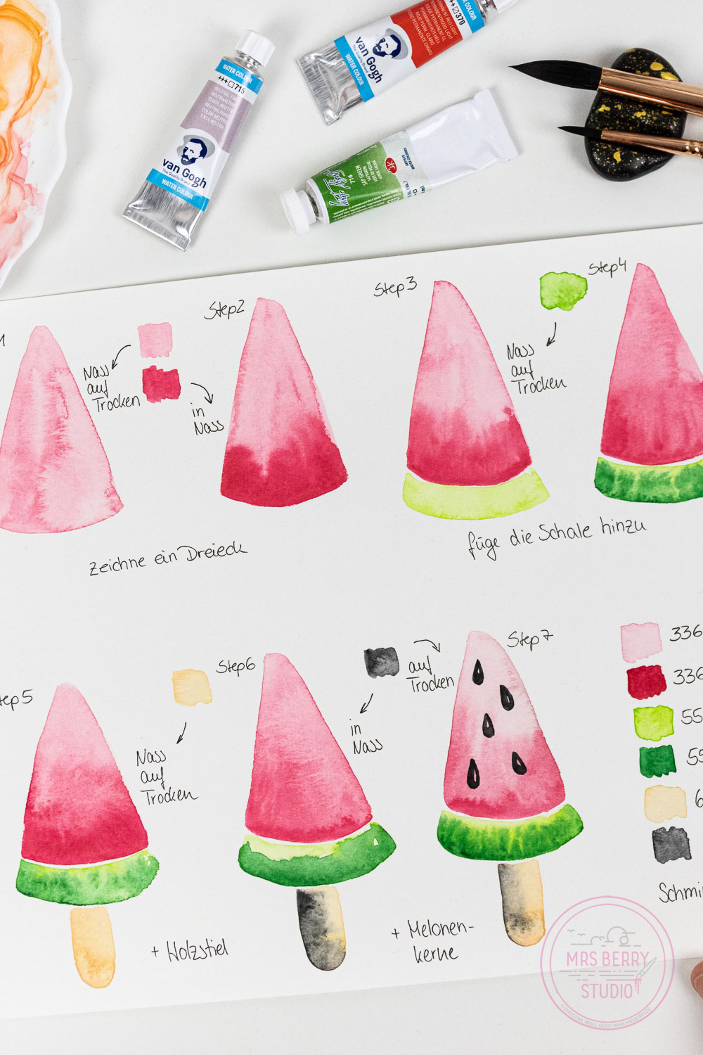 Watercolor Tutorial: Schritt-für-Schritt Anleitung für Melone am Stiel - dein MrsBerry.de Kreativ-Blog