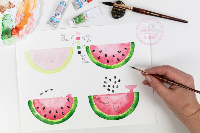 Watercolor Tutorial: Melone malen mit Aquarellfarben - eine Schritt-für-Schritt Anleitung des MrsBerry.de Kreativ-Blog