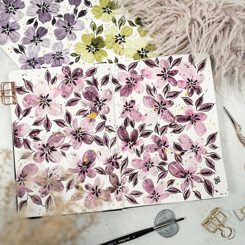MrsBerry_Watercolor_FloralJourneyChallenge_Februar_Monochrom_Bluetenmuster