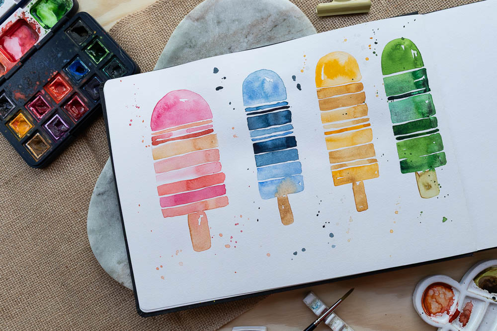 Aquarellmalerei im Kreativkurs Kinder Köln – bunte Eis am Stiel als Sommermotiv